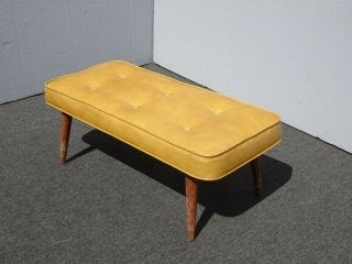 Vintage Mid Century Modern Gold Tufted Two Seater Bench Stool w Peg Legs 8