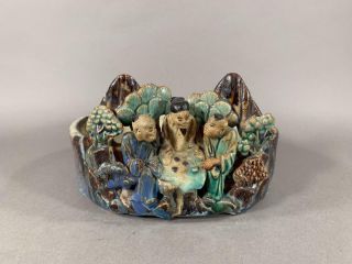 Antique Chinese Shiwan Pottery Bowl,  Planter,  Raised Figures 4