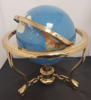Large Lapis Turquoise/cobalt Blue Gemstone Globe On Brass Stand With Compass