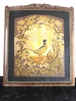 GORGEOUS BELGIAN 19THC NEEDLEWORK PHEASANT ON CARVED WOODEN FRAME CRAFTWORK31x27 3