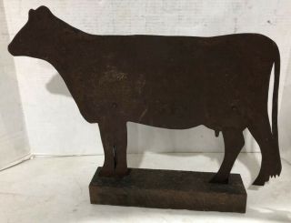 Antique/vintage Hand Made Dairy Cow Tin Sign /sculpture 14 " X 18 " On Pine Base