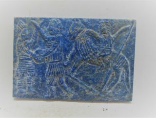 Very Rare Ancient Near Eastern Lapiz Lazuli Relief Panel Scene Of Soldiers
