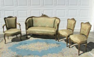Antique Louis Xv Style French Parlor Set: Comprising Settee,  1 Armchair,  2 Chair