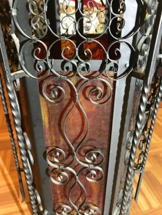 American Gothic/Spanish Revival Wrought Iron Stained Glass Antique Hanging Light 3