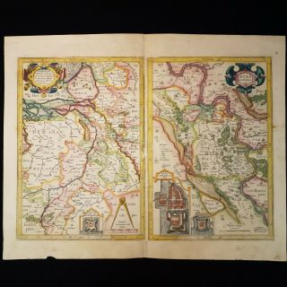1619 Map Gerard Mercator Hand Coloured Engraved Rhine Luxembourg Atlas