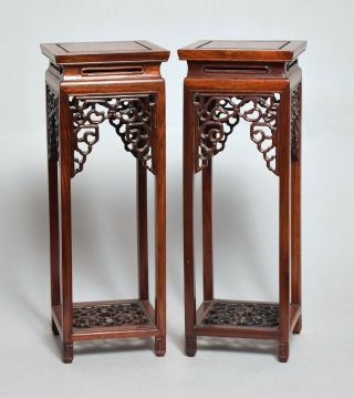 A Very Fine Pair Large Antique Chinese Carved Hardwood Vase Stands,  33cm
