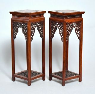 A VERY FINE PAIR LARGE ANTIQUE CHINESE CARVED HARDWOOD VASE STANDS,  33CM 3
