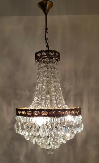 Antique Vintage Brass & Crystals French Chandelier Lighting Ceiling Lamp Light 3