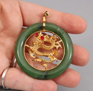 Large Vintage Chinese Carved 10k Gold Dragon & Green Jade Necklace Pendant,  Nr
