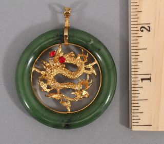 Large Vintage Chinese Carved 10K Gold Dragon & Green Jade Necklace Pendant,  NR 2