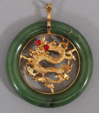 Large Vintage Chinese Carved 10K Gold Dragon & Green Jade Necklace Pendant,  NR 3