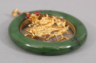 Large Vintage Chinese Carved 10K Gold Dragon & Green Jade Necklace Pendant,  NR 5