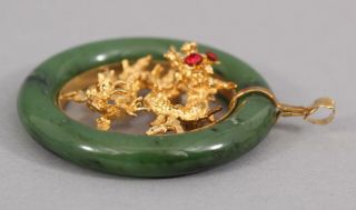 Large Vintage Chinese Carved 10K Gold Dragon & Green Jade Necklace Pendant,  NR 6