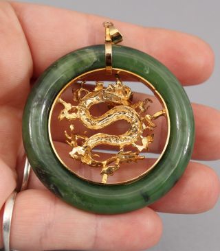 Large Vintage Chinese Carved 10K Gold Dragon & Green Jade Necklace Pendant,  NR 7