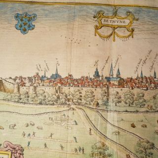 1565 Plan/View of Bethune France ENGRAVED Hand Coloured Map STUNNING 10