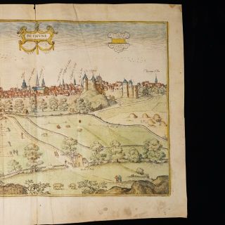 1565 Plan/View of Bethune France ENGRAVED Hand Coloured Map STUNNING 2