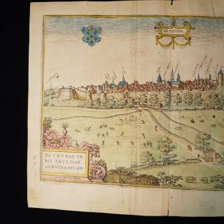 1565 Plan/View of Bethune France ENGRAVED Hand Coloured Map STUNNING 3