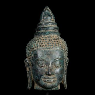 Antique Khmer Style Bronze Buddha Head Statue - 25cm/10 "