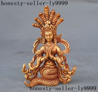 Tibet Buddhism Bronze 24k Gold Gilt Naga Kanya Serpent Snake Fairy Buddha God