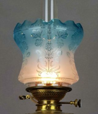 Victorian Art Nouveau Blue Etched Glass Kerosene Paraffin Oil Lamp Duplex Shade