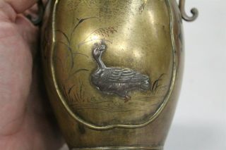 1800s Meiji Japanese 2 Dragon Handled Shields 2 Panel Flowers Ducks Bronze Vase 12