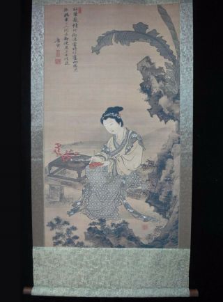 Rare Very Large Old Chinese Scroll Hand Painting Woman with 