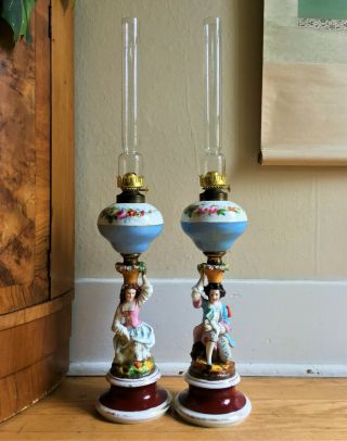 1860s Antique Porcelain Figural Oil Lamps - European Hand Painted Euc