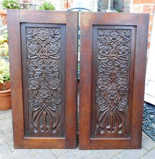 Pair Hand Carved Art Nouveau Oak Door Panels William Morris?