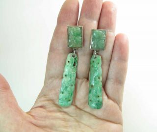 Antique Chinese 2 5/8 - Inch Long Carved Green & White Jadeite Jade Post Earrings 2