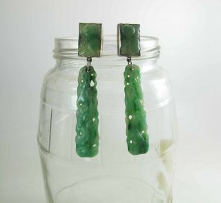 Antique Chinese 2 5/8 - Inch Long Carved Green & White Jadeite Jade Post Earrings 3