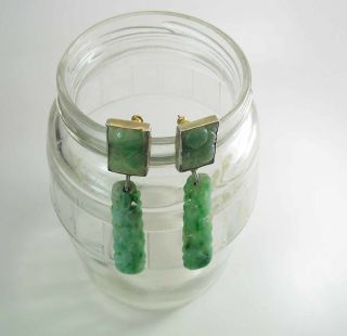 Antique Chinese 2 5/8 - Inch Long Carved Green & White Jadeite Jade Post Earrings 4