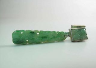 Antique Chinese 2 5/8 - Inch Long Carved Green & White Jadeite Jade Post Earrings 5