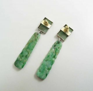 Antique Chinese 2 5/8 - Inch Long Carved Green & White Jadeite Jade Post Earrings 6
