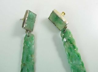 Antique Chinese 2 5/8 - Inch Long Carved Green & White Jadeite Jade Post Earrings 7
