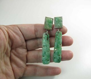 Antique Chinese 2 5/8 - Inch Long Carved Green & White Jadeite Jade Post Earrings 8