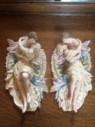 Pair Vtg Victorian Bisque/porcelain Courting Kissing Wall Plaques Semi Nude