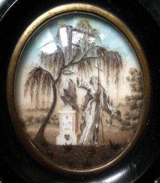 Wow 1852 Antique Victorian Hair Art Picture Mourning Memento Mori Grave Urn Lady