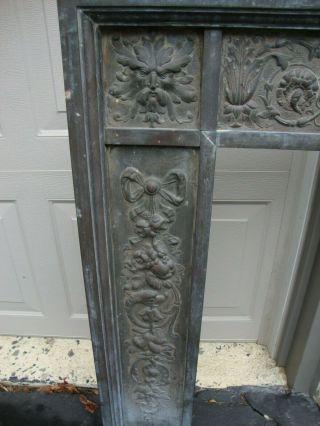 Antique Cast Iron Embossed & Metal Paneled Fireplace Surround 7