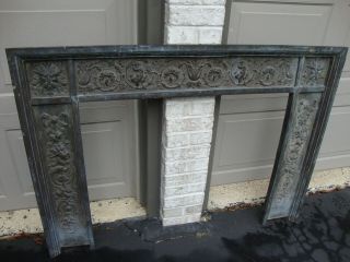 Antique Cast Iron Embossed & Metal Paneled Fireplace Surround 8