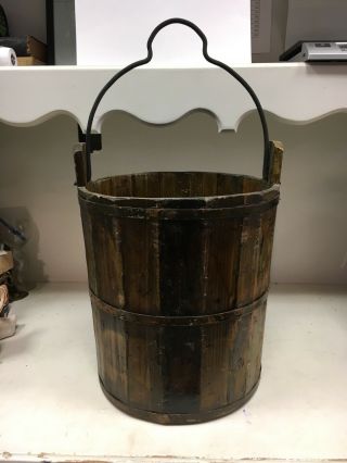 Primitive Antique Wooden Farm Bucket Pale Metal Stave Bail Handle Wood Well