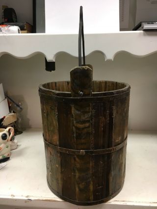 Primitive Antique Wooden Farm Bucket Pale Metal Stave Bail Handle Wood Well 2