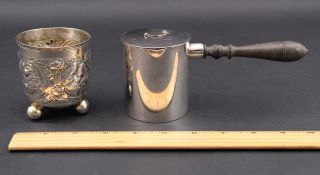 Antique 19thc German Hallmarked Repousse Silver Cup & Chocolate Pot Wood Handle