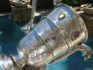 Large Old Sterling Silver Water Pitcher Jug Spanish Stones Rare Mythical Snakes
