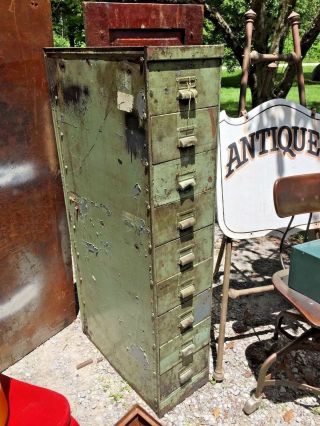 Antique 1916 Green Industrial 9 Drawer Card File Shop Tool Storage Parts Cabinet
