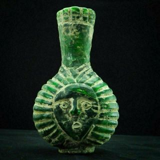 Ancient Roman Green Glass Handsome Head Circa 2nd - 3rd A.  D.  Perfume Posh Bottle
