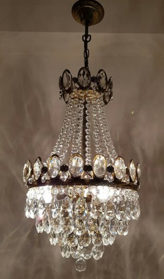 Antique Vintage Brass & Crystals French Chandelier Lighting Ceiling Lamp Light