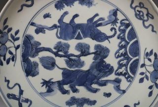 RARE CHINESE BLUE AND WHITE PORCELAIN DRAGON DISH WITH WANLI MARK 23.  5CM (E133) 4
