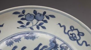 RARE CHINESE BLUE AND WHITE PORCELAIN DRAGON DISH WITH WANLI MARK 23.  5CM (E133) 5
