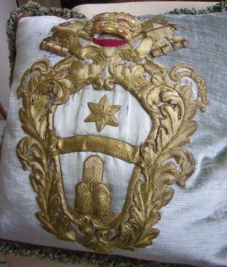 French Antique Metallic Appliqué Pillow Down Gimp Fringe Scalamandre Velvet Fab