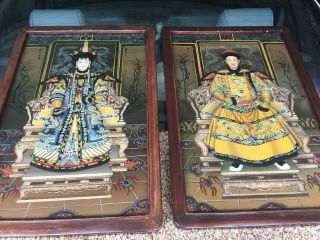 Vintage Chinese Reverse Paintings On Glass Dignified Lady & Gentleman